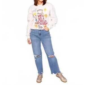 NEW POPPY & PINE unto us a child is born sweatshirt in white